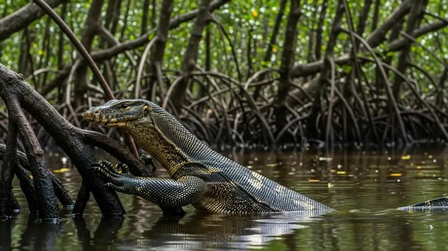 Water monitor lizard emerges from murky water in mangrove forest