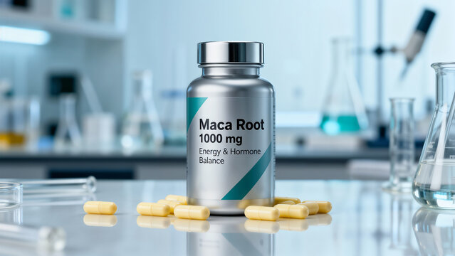 Silver Bottle of Maca Root 1000 mg Supplement for Energy and Hormone Balance on a Laboratory Counter