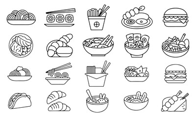 World cuisines doodle icon set &ndash; cute hand drawn global food styles in black & white cartoon line art