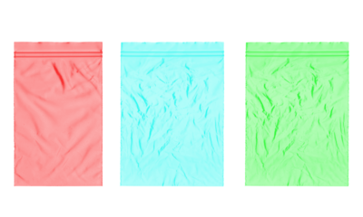 Realistic vector illustration of set of transparent empty plastic zipper bags