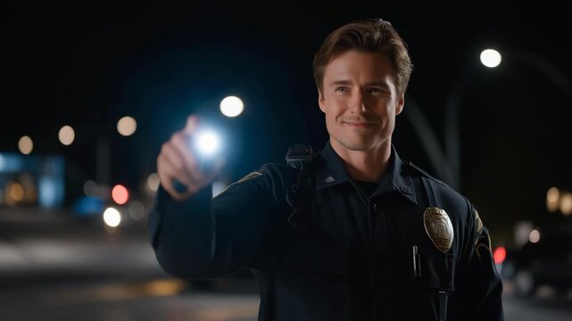 Officer standing at a power-deprived intersection during a nighttime blackout, directing cars using a handheld flashlight, symbolizing adaptability, public trust, emotional courage, and decisive