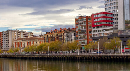 Modern buildings along the riverfront in Bilbao, Spain