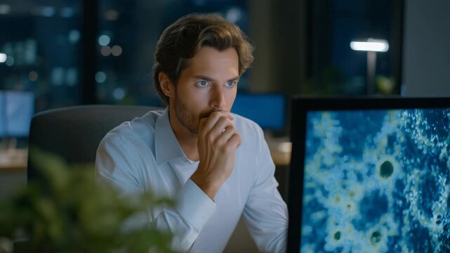 Person in office noticing virus notification pop-up, expressing worry and frustration, symbolizing real-time malware detection, digital security challenges, and user awareness in IT safety.
