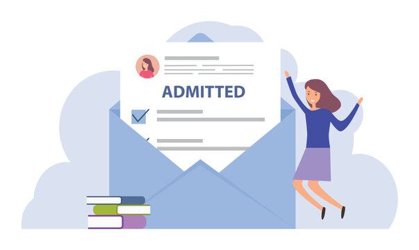 Invitation to enter college or academy. Happy student jumping near blue envelope. New student admitted to education. Confirmation of admission to university.