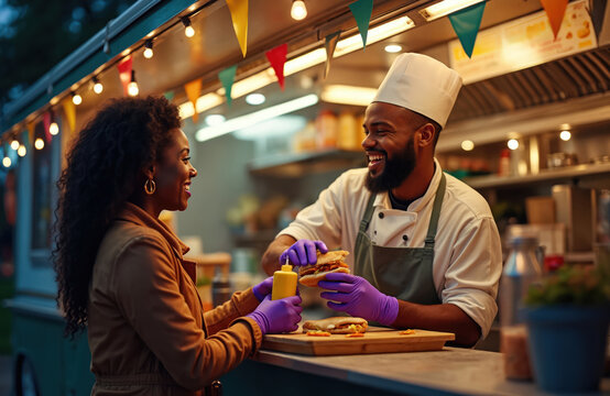 African American woman receives food from smiling male chef in food truck. Chef, customer interact preparing sandwich with sauce. Purple gloves used for food handling. Colourful decorations hang - Powered by Adobe