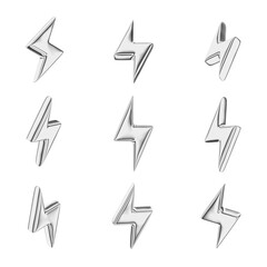 Collection of shiny silver 3d lightning bolt symbols, shown from various angles isolated on white.
