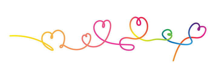 Shapes of Line Gradient Hearts. Abstract Love Background in Vector Form. Ribbon of continuous color. Line hearts on the wedding day border.