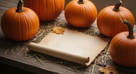 A rustic autumn scene featuring a blank parchment scroll surrounded by vibrant pumpkins and scattered fall leaves on a wooden surface