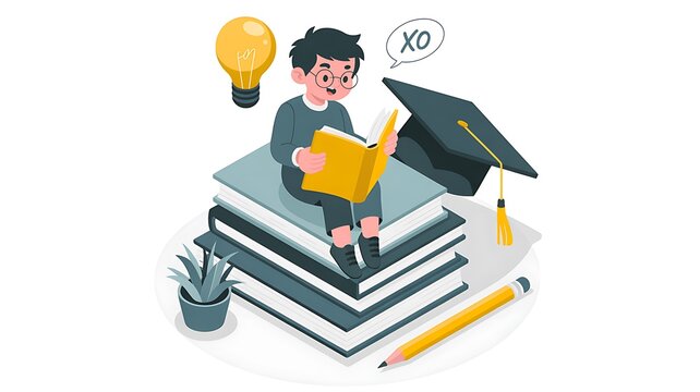 Boy with glasses reading yellow book on stack of books graduation cap lightbulb and pencil image - Powered by Adobe