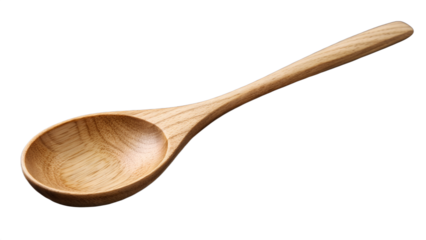 Smooth wooden cooking spoon, isolated on transparent background, subtle texture detail, minimal lighting.