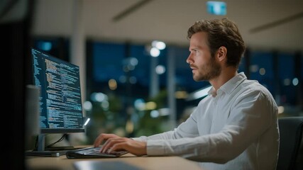 Software developer collaborating with AI coding assistant in futuristic workspace, symbolizing accelerated innovation, debugging automation, and machine learning code optimization. cinematic color - Powered by Adobe