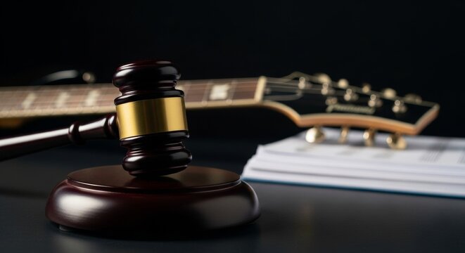 Music copyright law gavel with electric guitar and sheet music