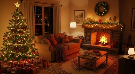 Cozy Christmas Living Room with Fireplace and Decorated Tree