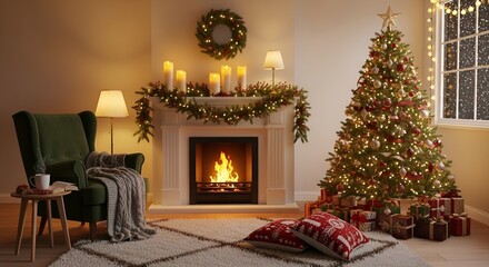 Cozy Christmas Living Room with Fireplace and Decorated Tree