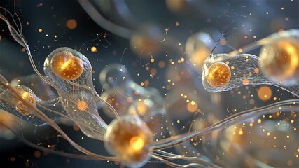 Glowing cells with intricate filaments and golden particles in a microscopic view - Powered by Adobe