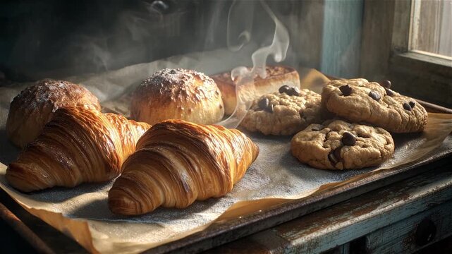 Freshly baked croissants, buns, and chocolate chip cookies on a baking sheet