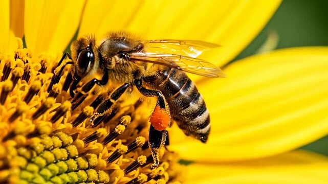 Closeup of a bee pollinating a vibrant sunflower in bright daylight