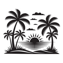 Obraz premium Tropical paradise silhouette featuring palm trees, ocean, and sunset, isolated on white background serene island escape