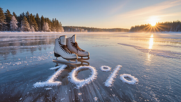 Vintage ice skates rest on a frozen lake surrounded by snowy pines. The “10%” is etched into the ice below, its frosty edges glowing in the morning light.
