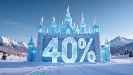 A glowing ice castle rises in a snowy landscape, lit with soft blue lights. The “40%” is carved into an icy wall and illuminated from within like a crystal.