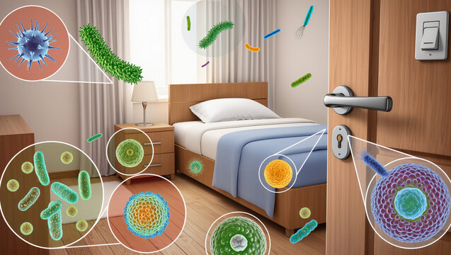 3D medical illustration of various bacteria and microorganisms contaminating common bedroom surfaces such as the bed, door handle, nightstand, and curtains. Hygiene and health concept. - Powered by Adobe