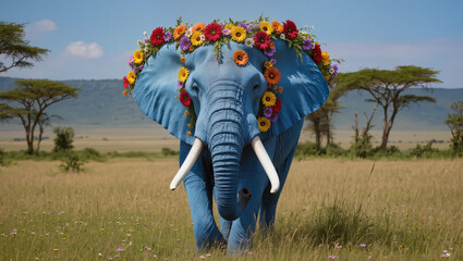 A surreal and colorful image of a blue elephant with a vibrant flower crown in the middle of the savanna, representing creative thinking, uniqueness, imagination. Ideal for artistic or conceptual use