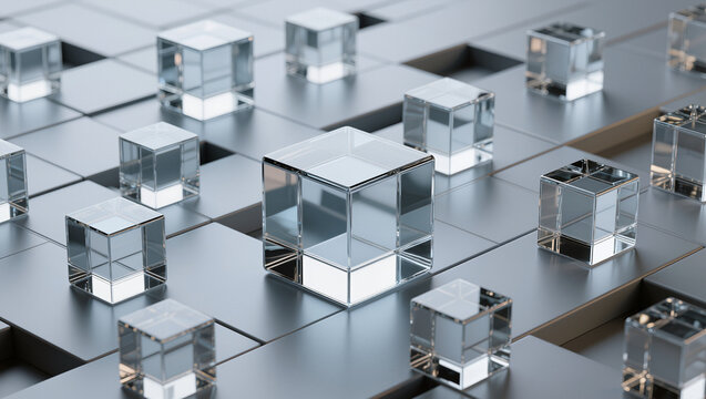 Abstract 3D render of transparent glass cubes arranged on a sleek metallic grid surface. Perfect as a modern and futuristic wallpaper or background for technology and design projects.