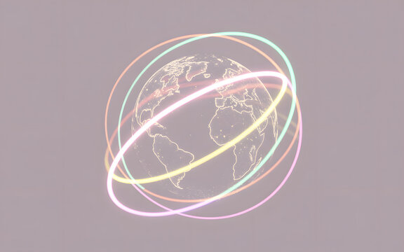Abstract 3D rendering of a glowing Earth with orbiting light trails