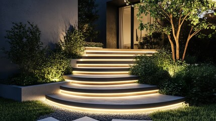 Modern illuminated staircase leads to elegant home entrance surrounded by lush landscape at twilight