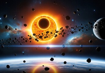 Fiery sun and planet in space with asteroids isolated on white background
