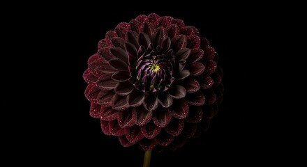 Dark burgundy dahlia flower with water drops on petals isolated black background
