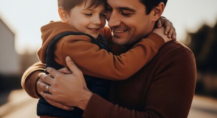 Man embracing his son, happy family moment with a father and child smiling. Loving fatherhood concept for Fathers Day.