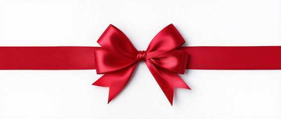 Elegant red satin bow tied on a matching ribbon against a clean white background, symbolizing celebration, gifting, and luxury.