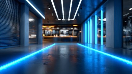 Futuristic and Stylish Interior Design Featuring Blue Illuminated Geometric Patterns on Glossy Floor
