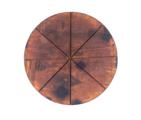 Old round wooden pizza stand isolated on white background