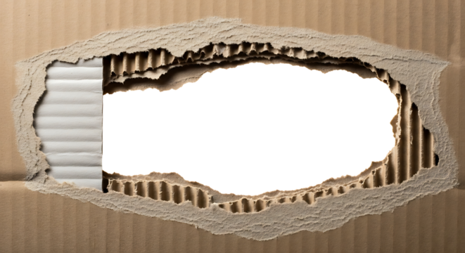 Torn cardboard with a hole revealing transparent background