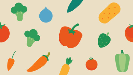 Seamless pattern with fresh, healthy vegetables like tomato, carrot, pepper, onion, cucumber, eggplant, pumpkin, garlic, and cabbage as a vector food icon collection