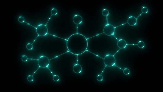 Glowing neon network connections abstract background with pulsating circles and lines. Abstract network with connections and nodes. Digital data flow represents innovation and growth.