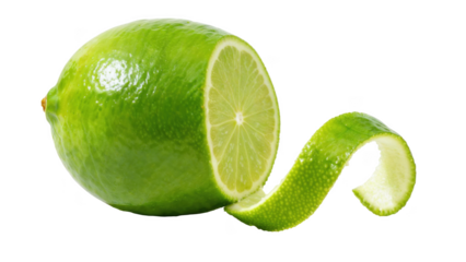 Close up shot of a vibrant lime with its peel elegantly sliced and curled on a dark scene