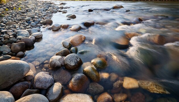 Shallow Water Flowing Over Riverbed With Many Smooth Round Rocks And Pebbles