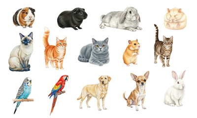 Fototapeta premium Adorable Watercolor Collection of Domestic Pets and Companion Animals