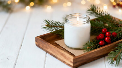 Christmas candle in glass jar with pine branches and red berries