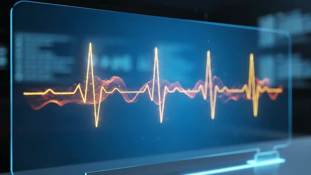 A digital display shows a bright orange heartbeat waveform on a blue futuristic monitor screen
