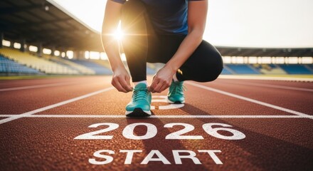Athlete tying shoelaces on track with 2026 start line at golden hour