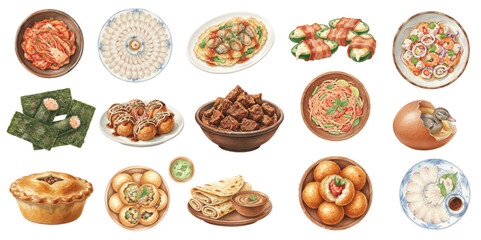 Watercolor Set of Exotic Asian Street Food and World Dishes
