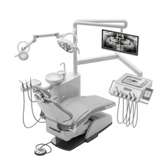 Modern dental chair and equipment setup for professional oral healthcare isolated on transparent background