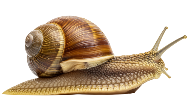 Garden snail with shell moving forward isolated on transparent background