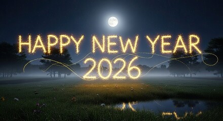 Happy New Year 2026 Sparkling Celebration Outdoors Under Moonlight