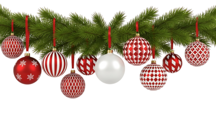 Christmas tree branch with red and white ornaments isolated on transparent background