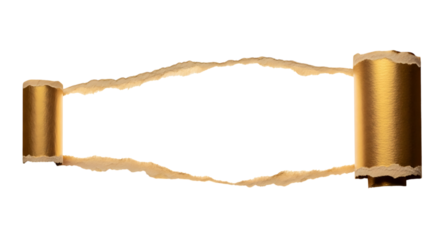 Torn golden metallic paper with frayed edges isolated on transparent background